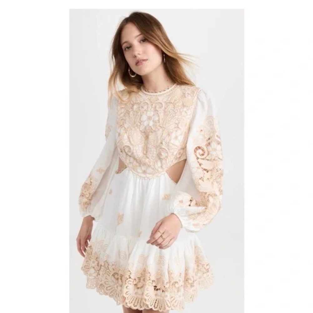 ZIMMERMANN Elegant White and Cream Lace Embroidered Linen Dress.
